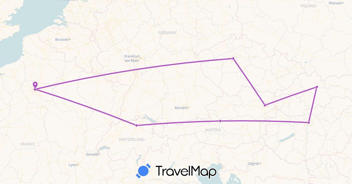 TravelMap itinerary: driving, train in Austria, Switzerland, Czech Republic, France, Hungary, Slovakia (Europe)